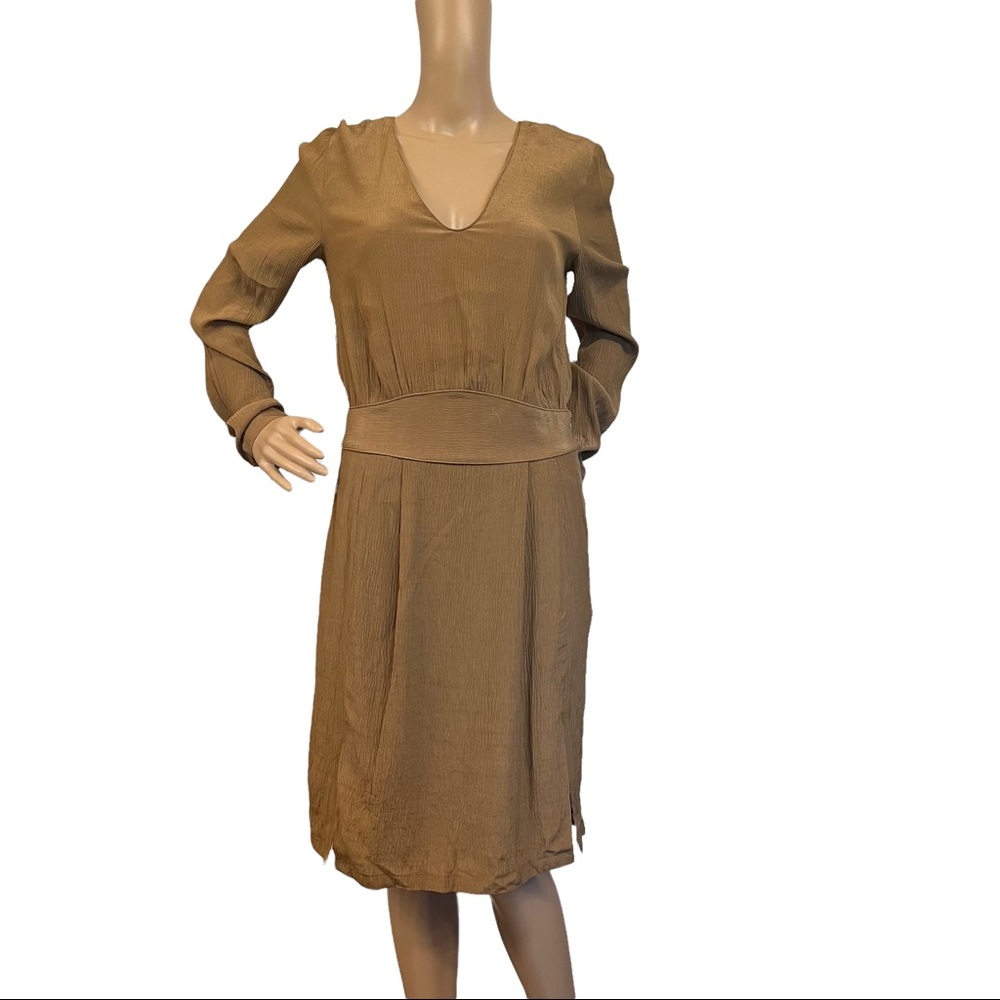 See U Soon Dress Crinkle Crepe Long Sleeve‎ V-Neck Side Zip Brown Size Small